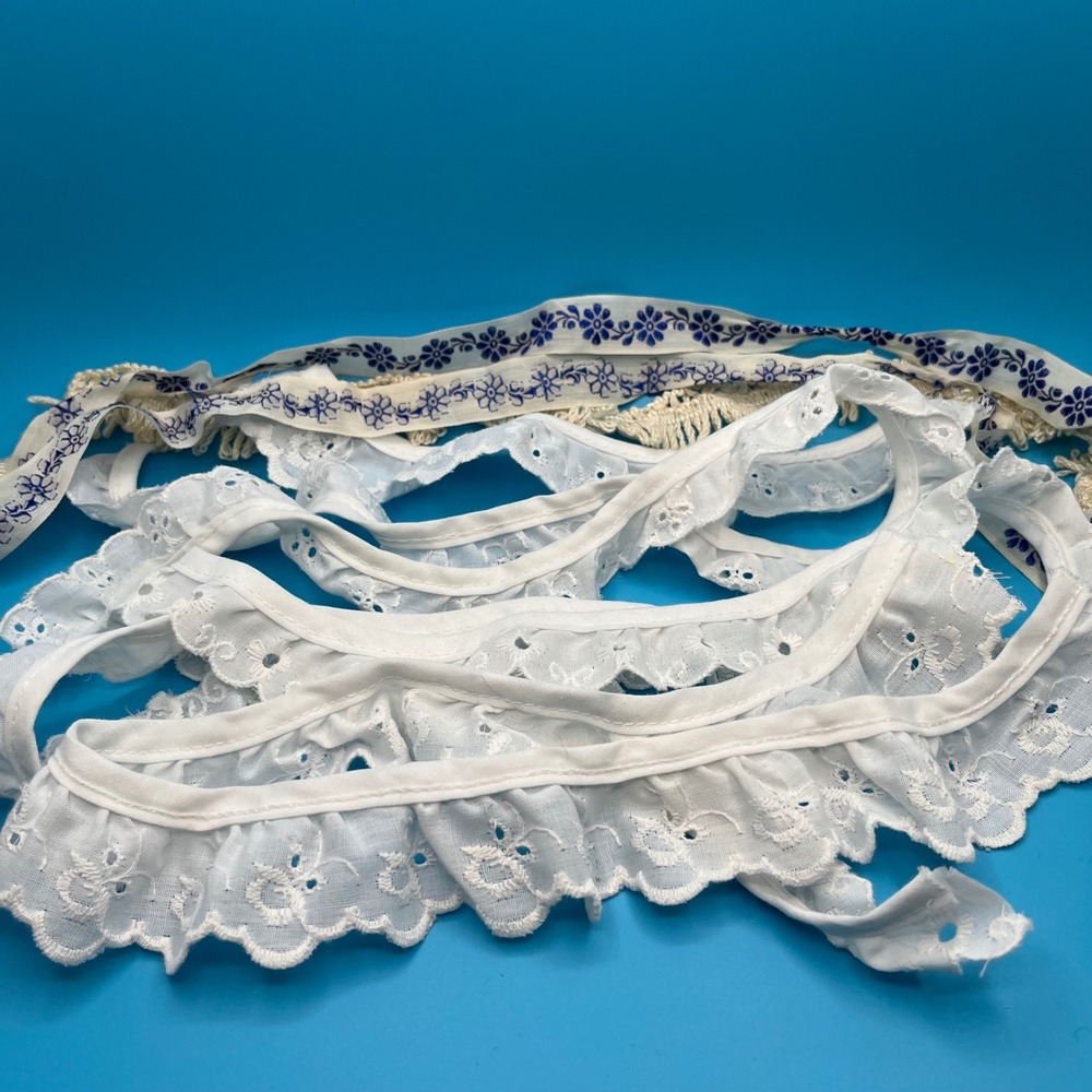 Vintage Lace Trim Bundle Eyelet Ruffle Fringe Blue Floral 3+ Yards Junk Journal